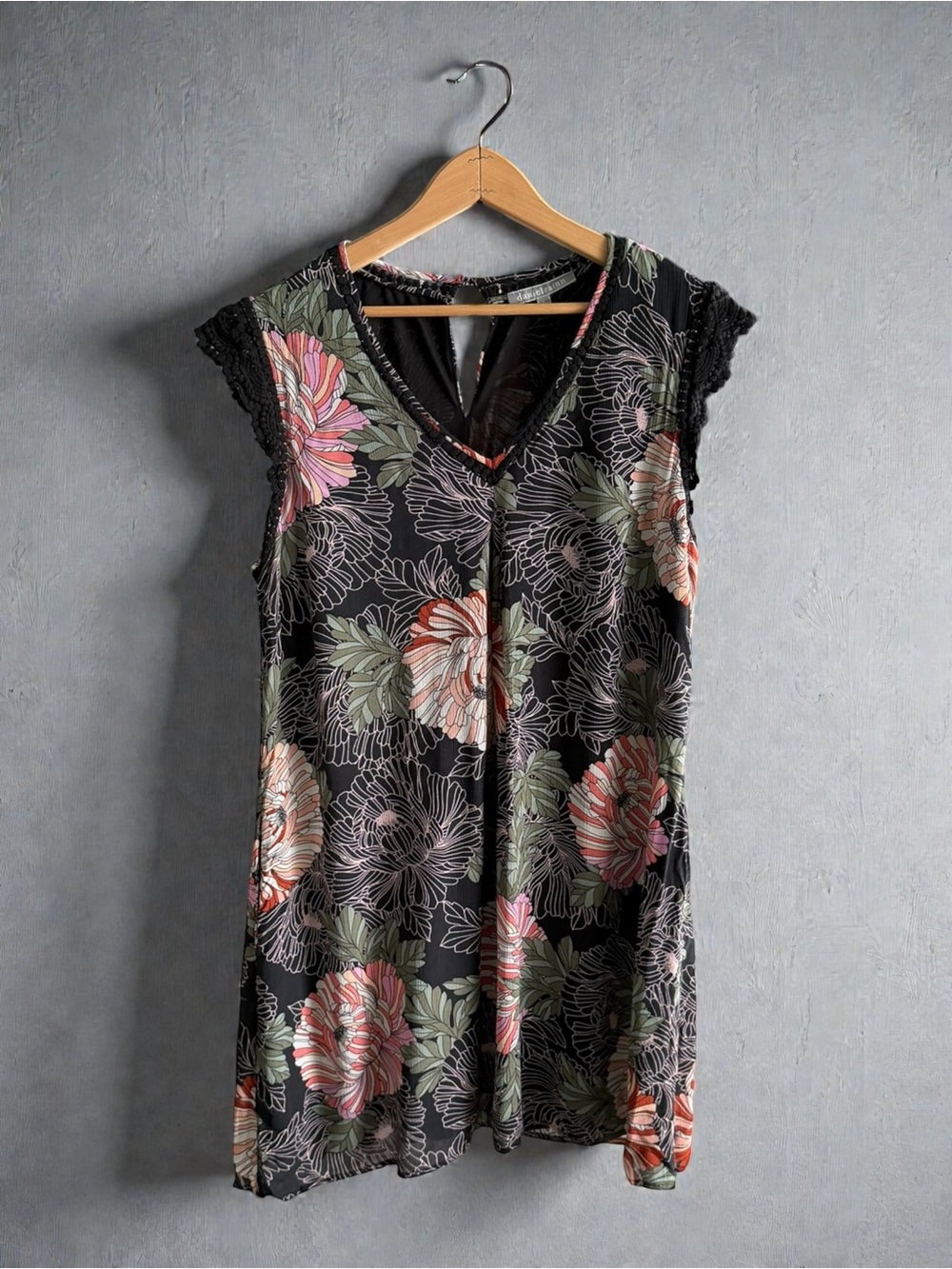 Daniel Rainn Black Floral Midi Dress with Pink and Green Blooms